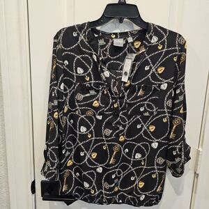 Soho JEANS New York & Company Black Blouse with Chain, Lock & Key Pattern